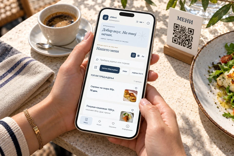 Гостин разгледува електронско мени преку QR код